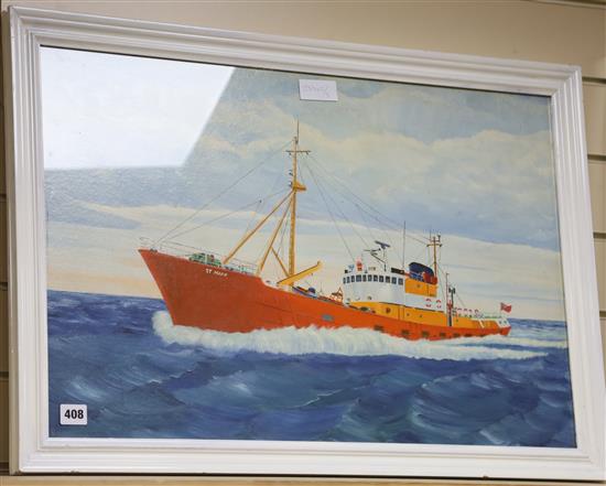 Modern British, oil on board, Portrait of the Lowestoft fishing boat St. Mark 45 x 69cm